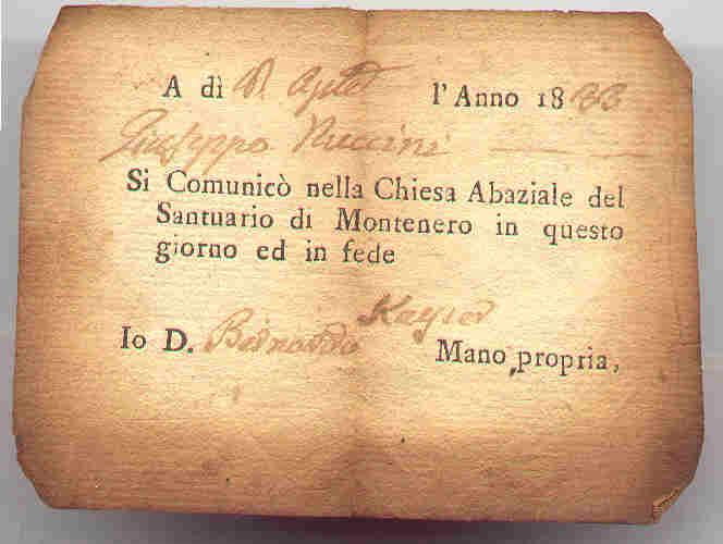 Autografo originale del 1833: Giuseppe Nuccini, antenato dei proprietari del libro, faceva la prima comunione